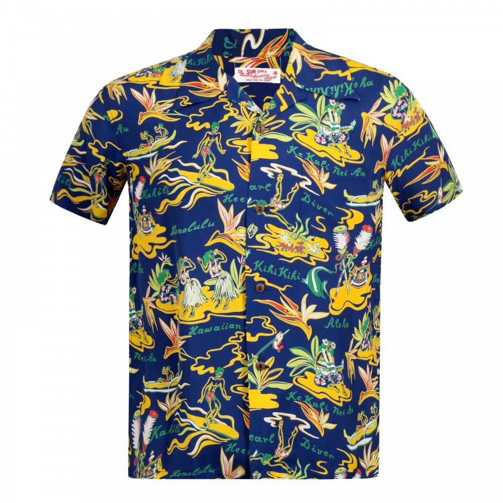 Sun Surf Regular Fit SS37771 Short Sleeve Hawaiian Hula printed Navy Rayon Made Hawaiian Shirt for Men with Wooden Buttons