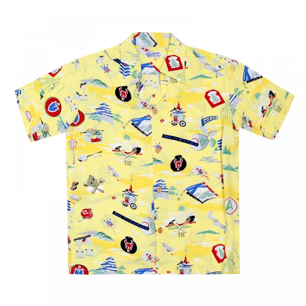Sun Surf Limited Edition Regular Fit SS36985 Short Sleeve Purple Heart Battalion Printed Cotton Made Mens Yellow Hawaiian Shirt with Wooden Buttons