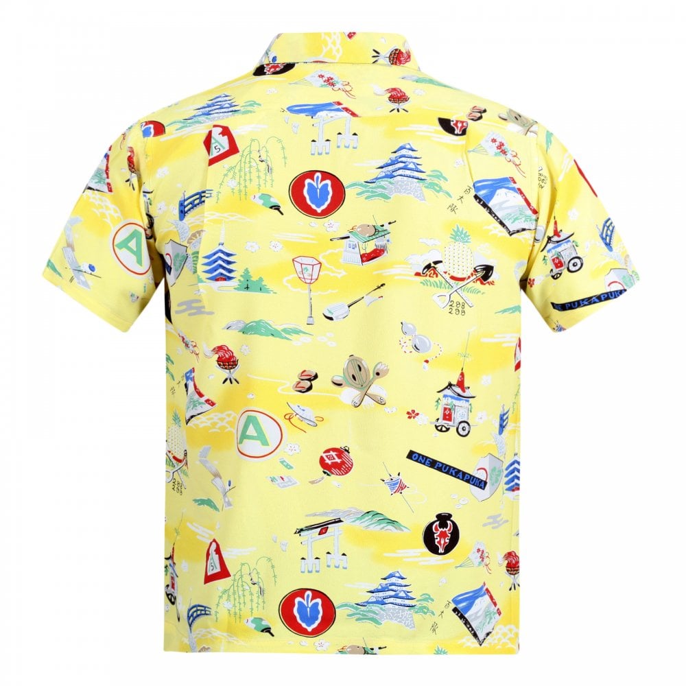 Sun Surf Limited Edition Regular Fit SS36985 Short Sleeve Purple Heart Battalion Printed Cotton Made Mens Yellow Hawaiian Shirt with Wooden Buttons