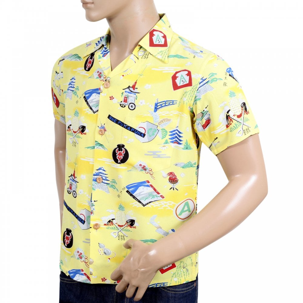 Sun Surf Limited Edition Regular Fit SS36985 Short Sleeve Purple Heart Battalion Printed Cotton Made Mens Yellow Hawaiian Shirt with Wooden Buttons