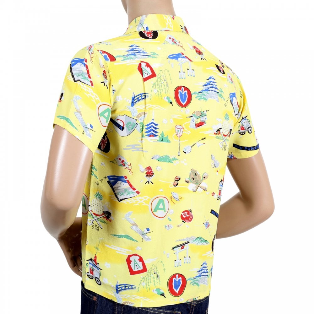 Sun Surf Limited Edition Regular Fit SS36985 Short Sleeve Purple Heart Battalion Printed Cotton Made Mens Yellow Hawaiian Shirt with Wooden Buttons