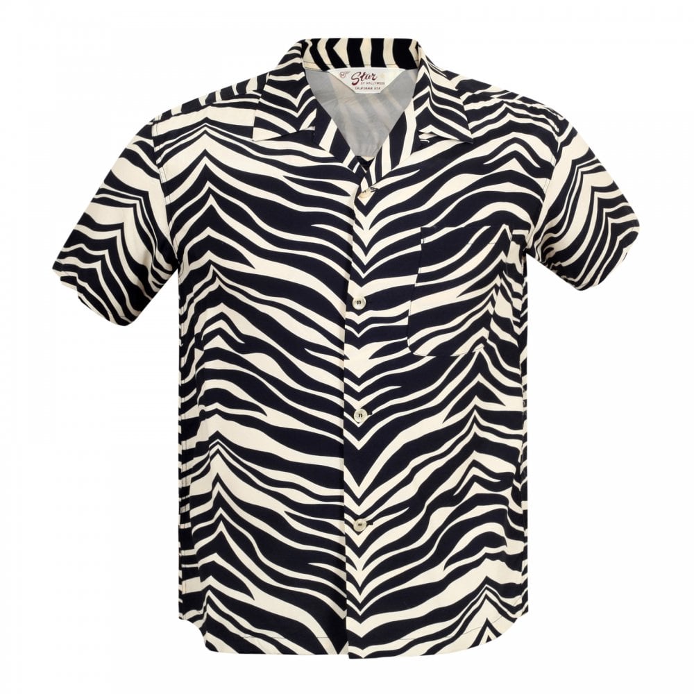 Star of Hollywood Black SH37879 Zebra Printed Rayon Hawaiian Shirt SoH8663