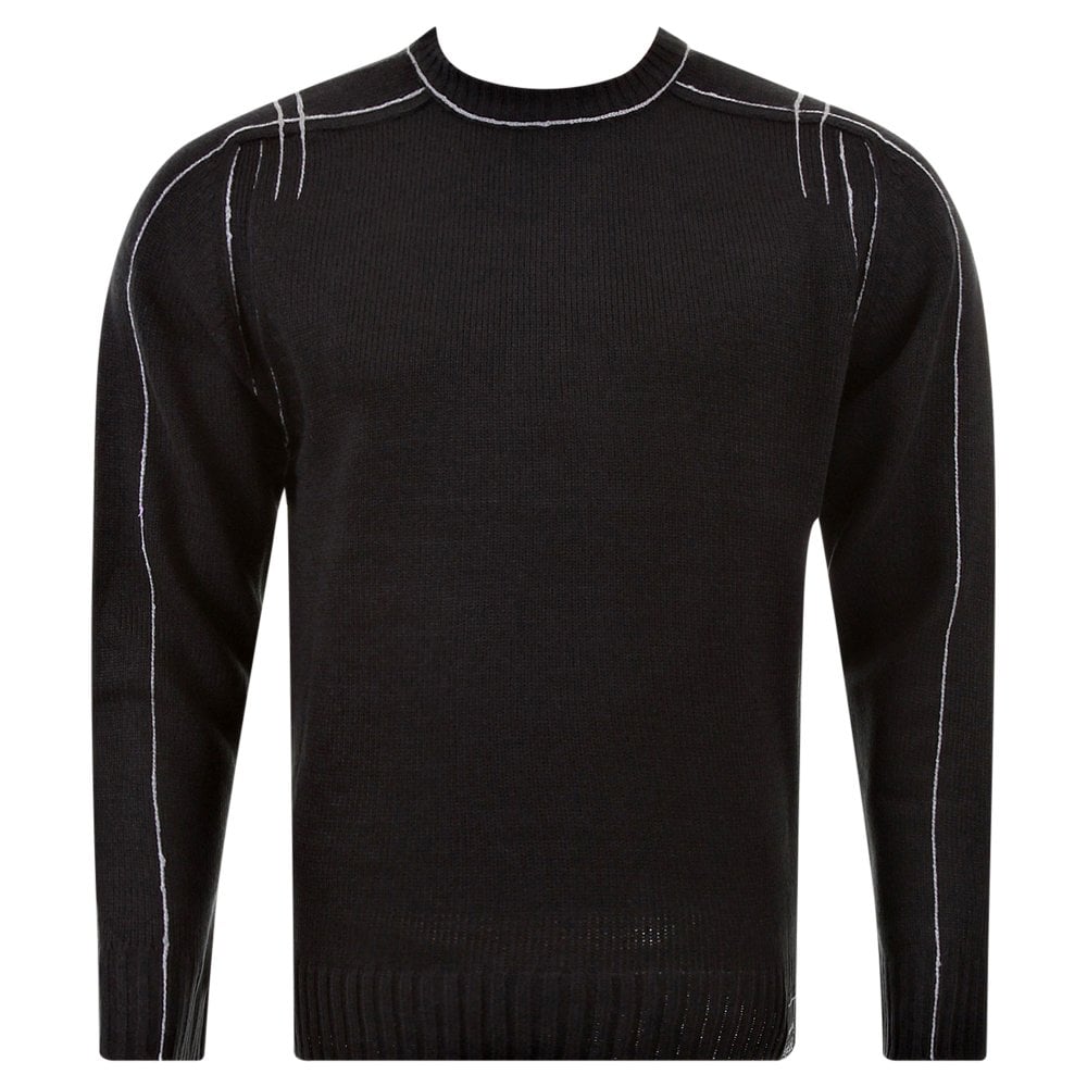 Black Crew Neck Long Sleeve Regular Fit Knitted Jumper with Grey Stitched Trim