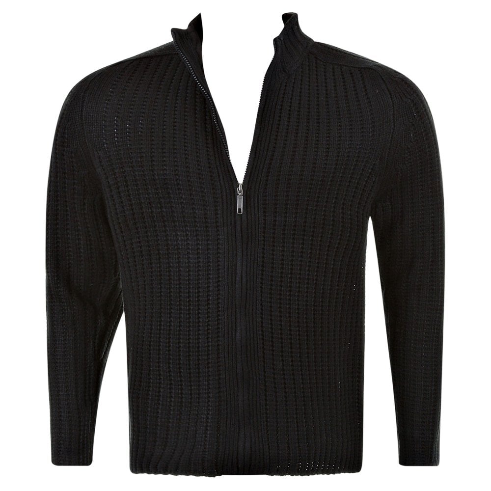Black Ribbed Zip up Regular Fit High Neck Cardigan
