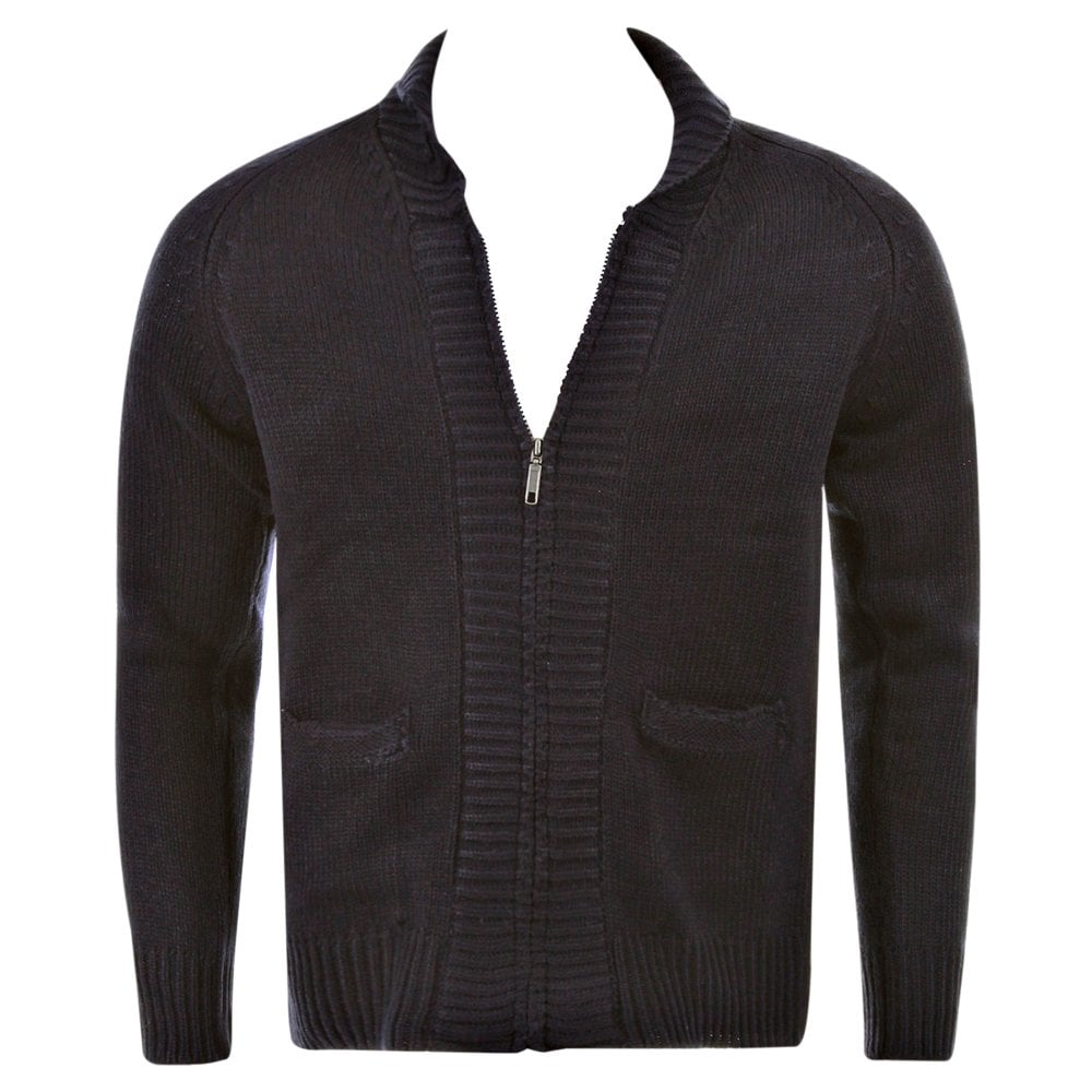 Navy Shawl Collar Long Sleeve Regular Fit Zip up Knitted Cardigan