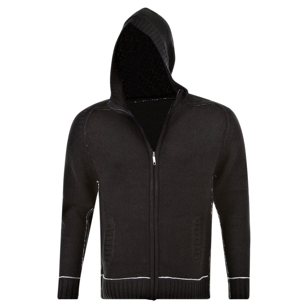 Knitted Black Long Sleeve Regular Fit Zip-Up Hooded Cardigan with Grey Trim