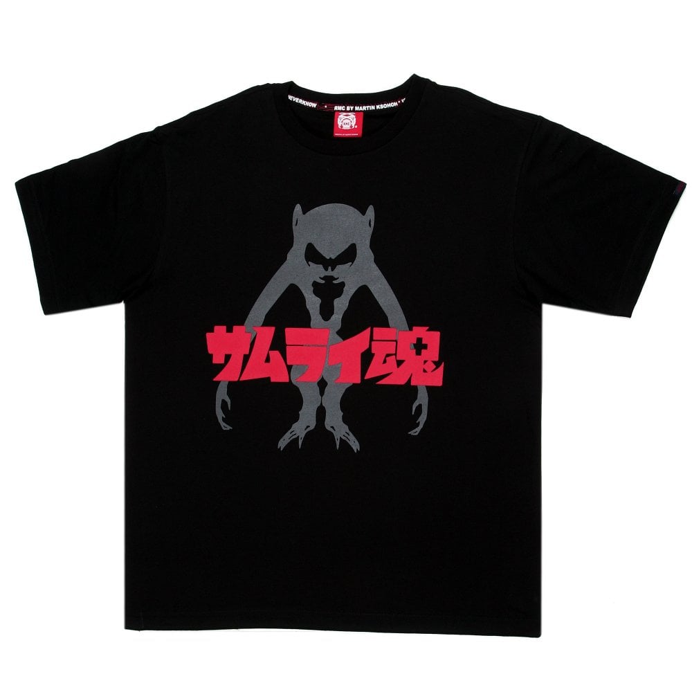 Black Crew Neck Regular Fit T-Shirt with Samurai Monkey Print