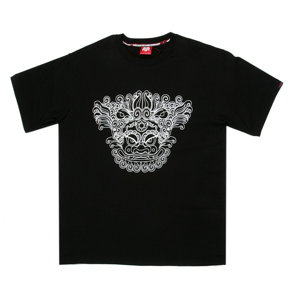 Black Crew Neck Regular Fit T-Shirt with Oriental Lion Print