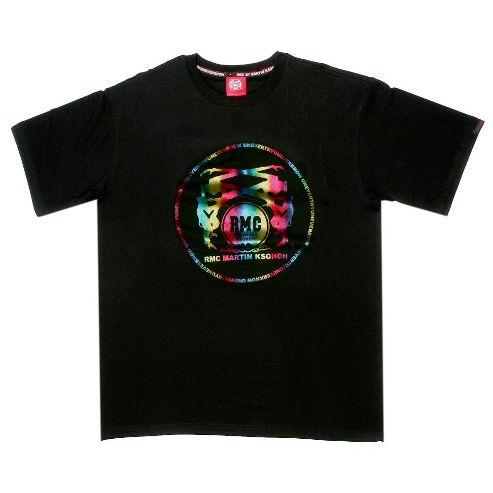 Black Crew Neck Regular Fit T-Shirt with Logo Print in Rainbow