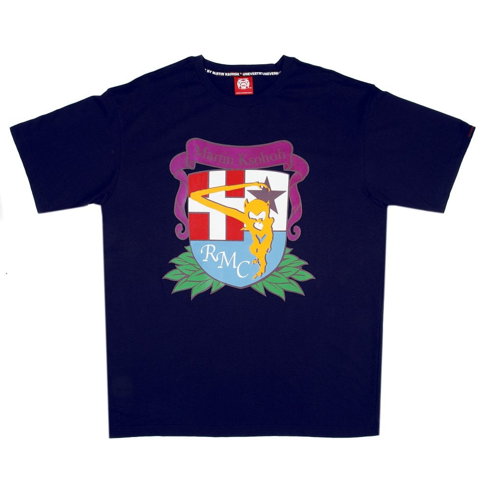 Short Sleeve Crew Neck Navy Blue T Shirt with Brand School Crest