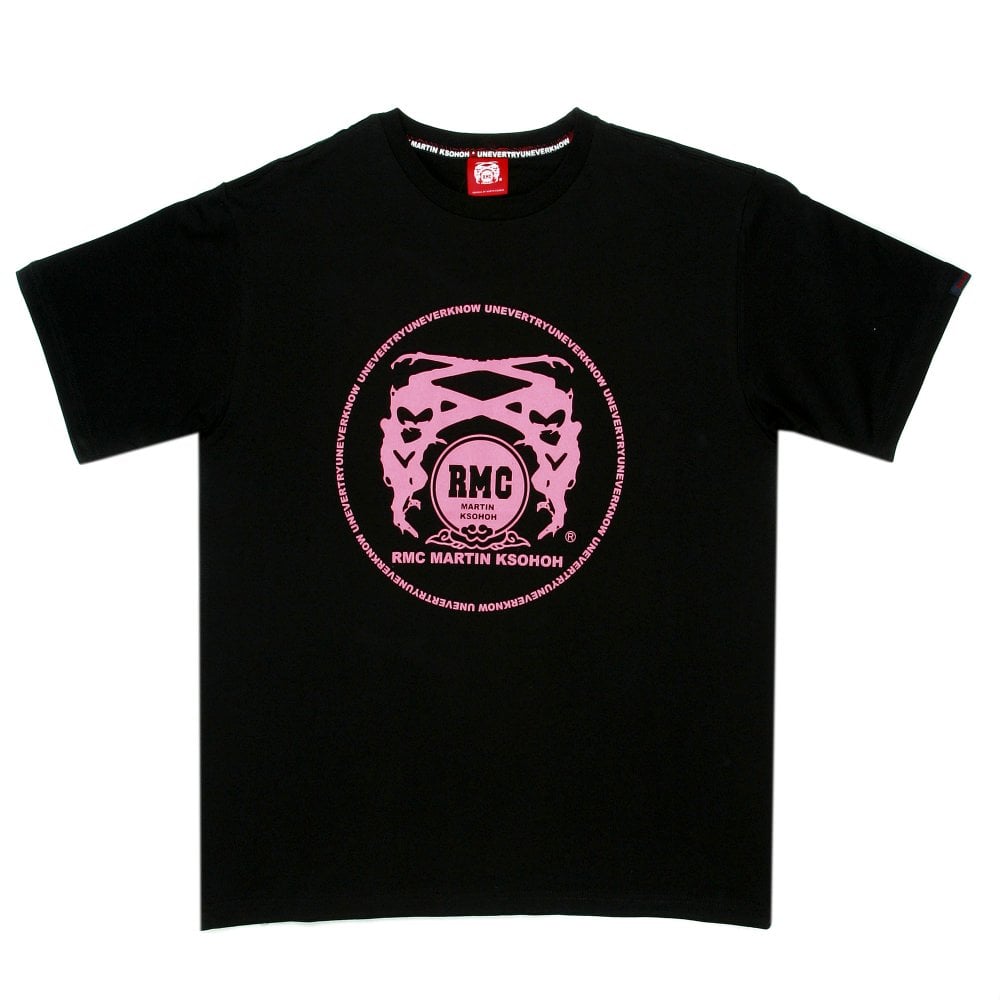 Black Crew Neck Regular Fit T-Shirt with Printed Logo in Enchanted Pink
