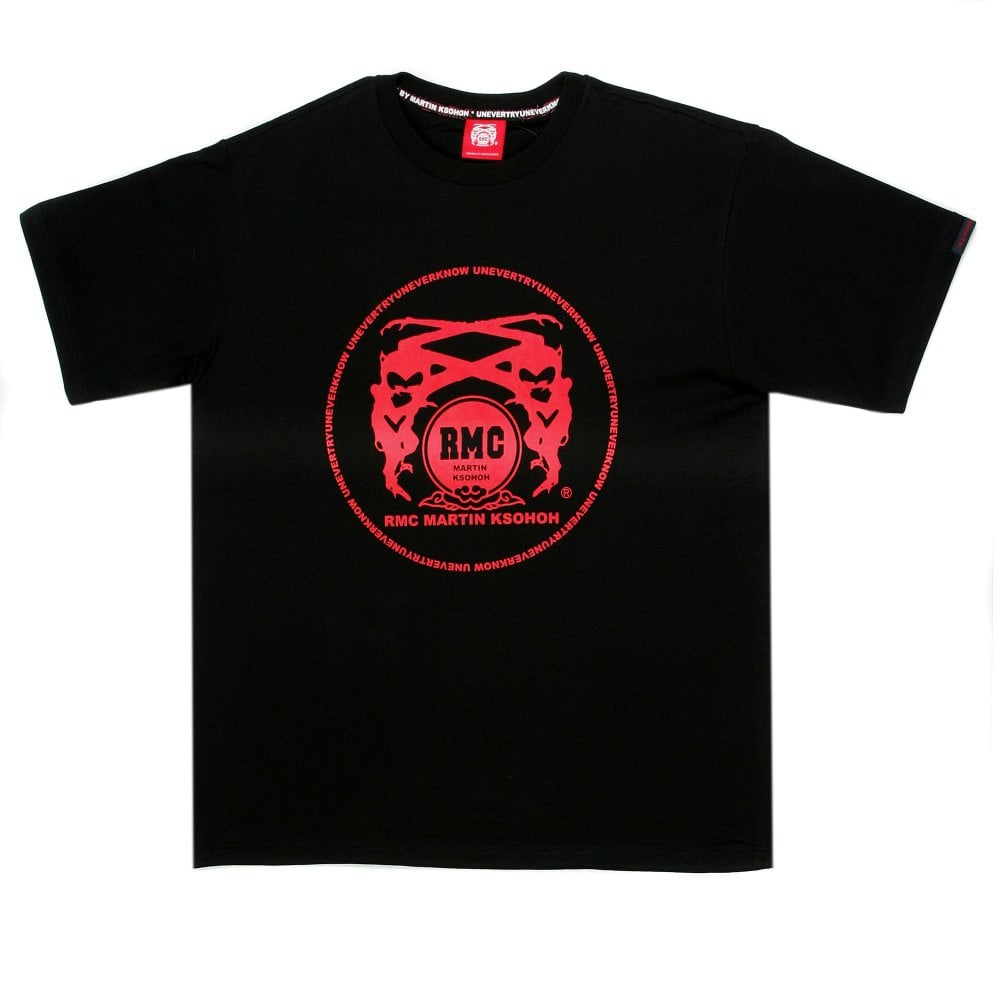 Black Crew Neck Regular Fit T-Shirt with Printed Logo in Scarlet