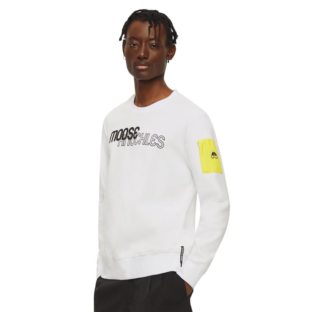 Moose Knuckles Mens White Mix Media Transit Crewneck Pullover