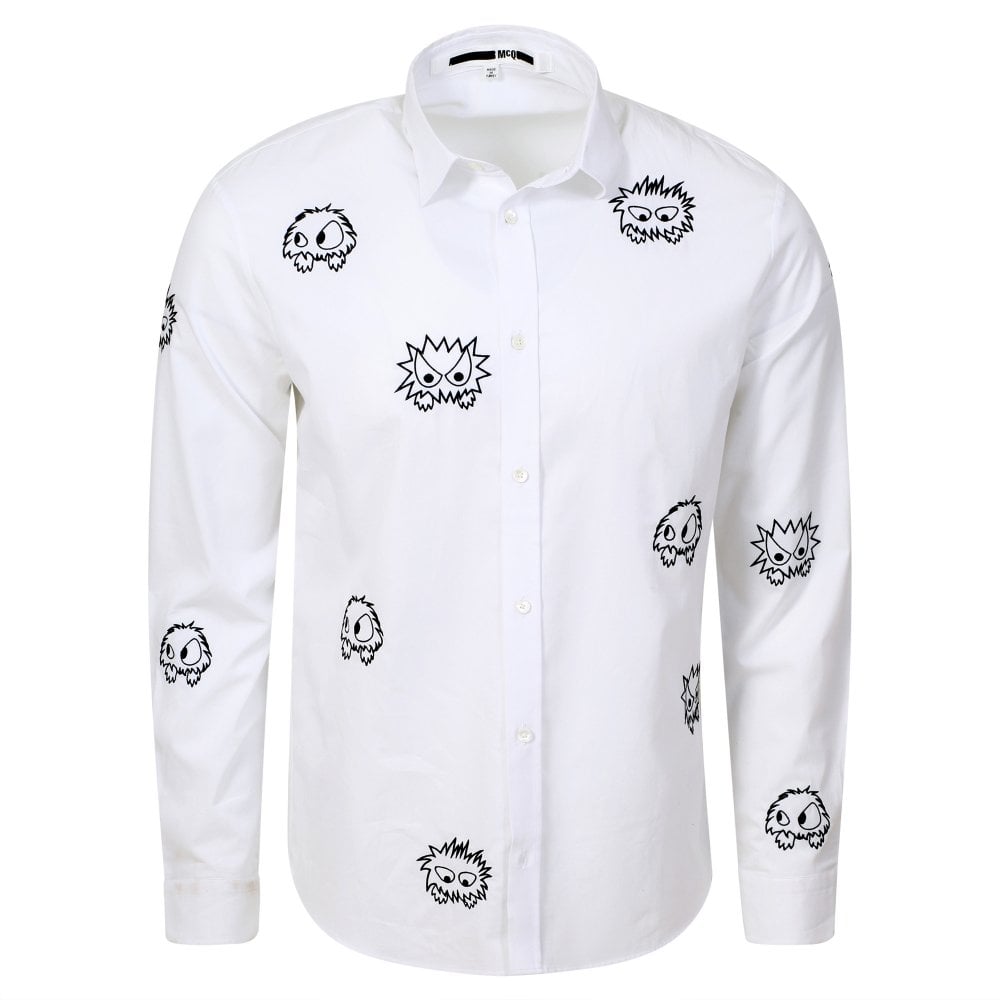 Mens White Shehan Embroidered Monster Long Sleeve Shirt