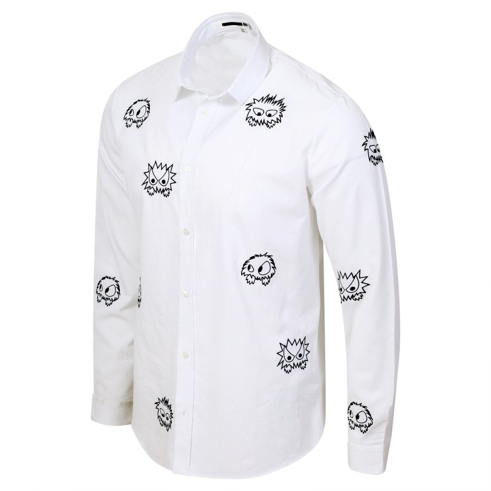 Mens White Shehan Embroidered Monster Long Sleeve Shirt