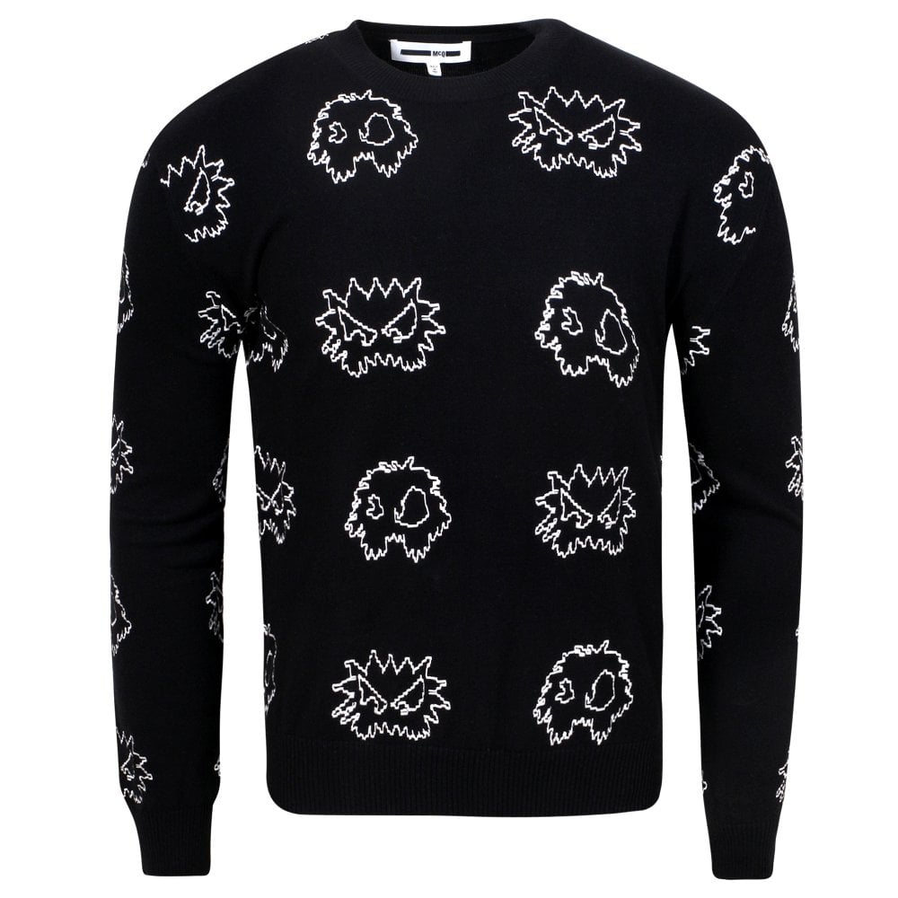 Mens Black Embroidered Pixel Monster Crew Neck Knitwear