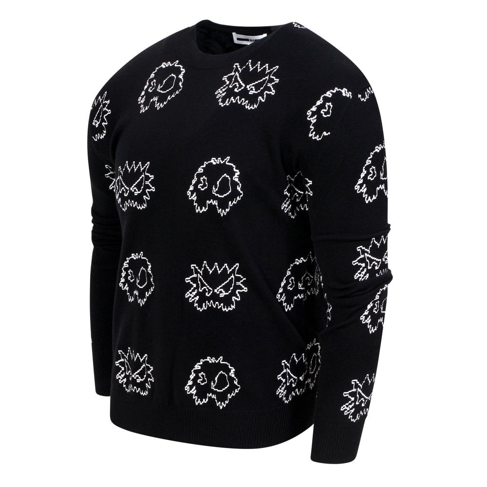 Mens Black Embroidered Pixel Monster Crew Neck Knitwear