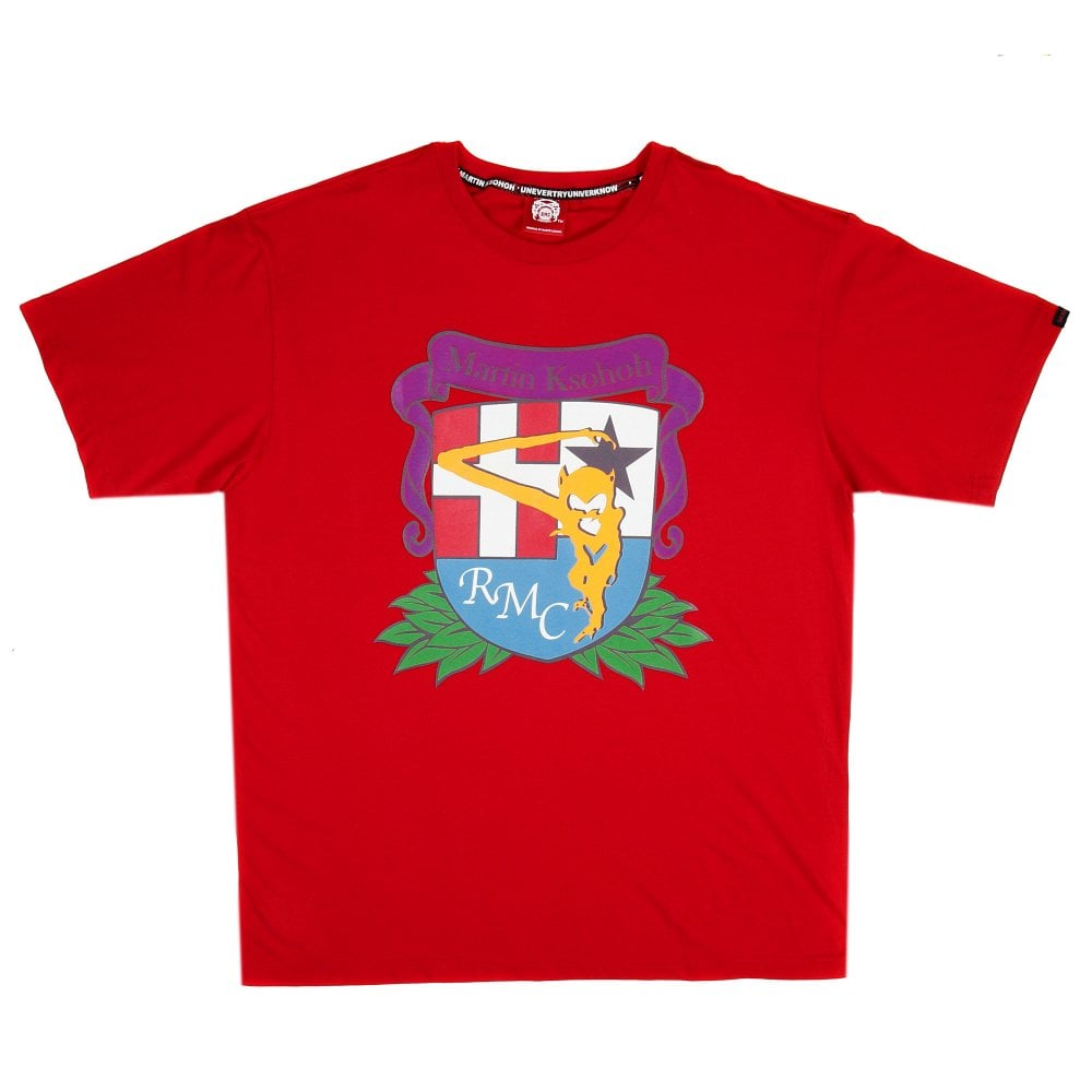 Short Sleeve Red Crew Neck T-Shirt with Brand School Crest