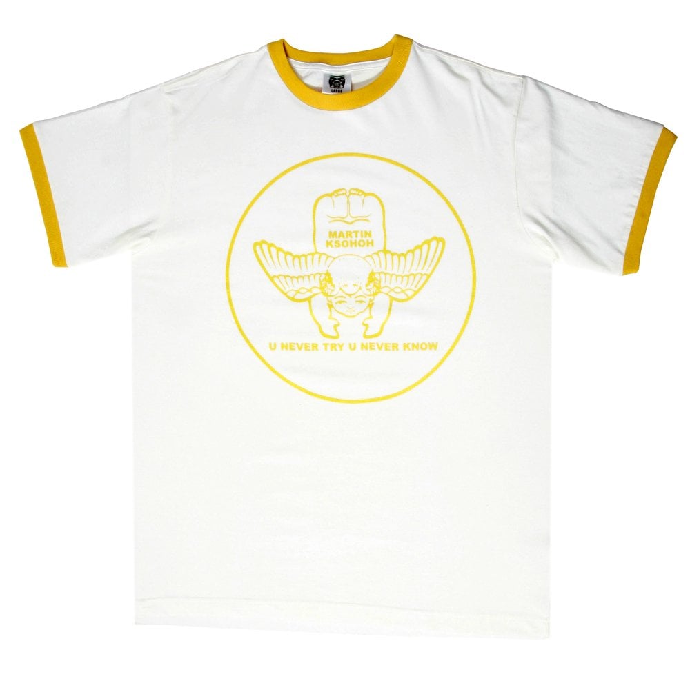 White Short Sleeve Regular Fit Cotton Crew Neck T-shirt with Cupid and U NEVER TRY U NEVER KNOW Print REDM6384