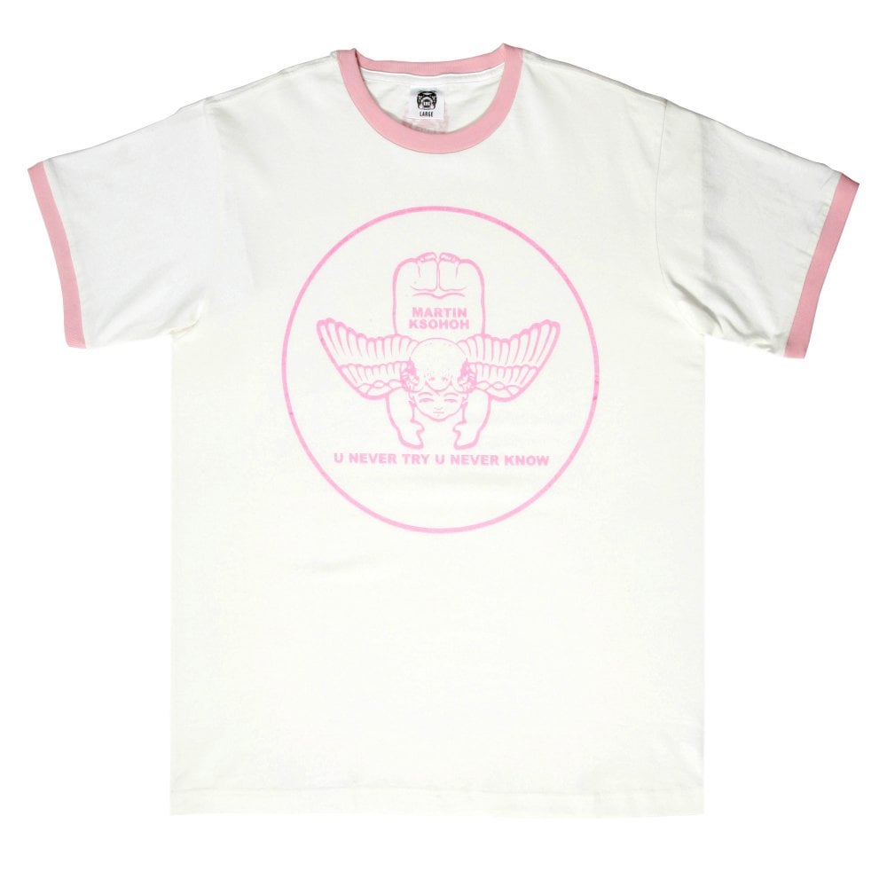 White Crew Neck Regular Fit Short Sleeve T-Shirt with Cupid Print in Pink