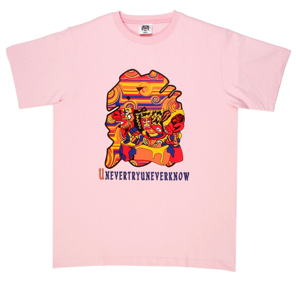 Mens Short Sleeve Pink Crew Neck Regular Fit T-Shirt with Matsuri Carnival Print