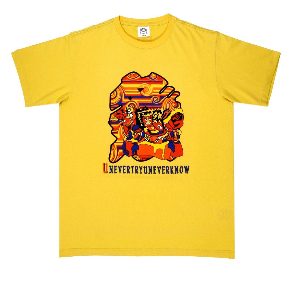 Yellow Crew Neck Mens Short Sleeve Regular Fit T-Shirt with Matsuri Carnival Print