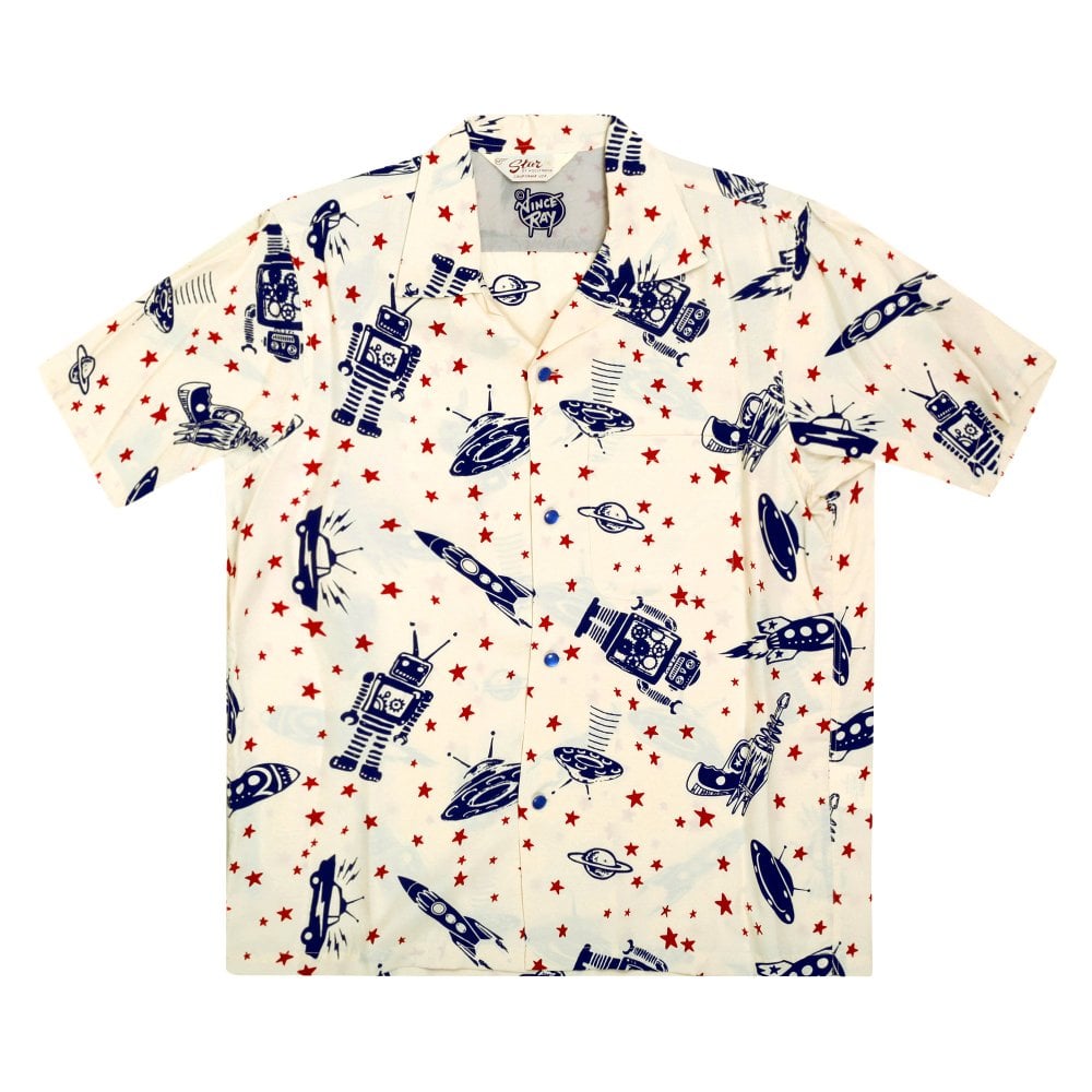 Vince Ray Space Rockets Off White Hawaiian Shirt SoH9043