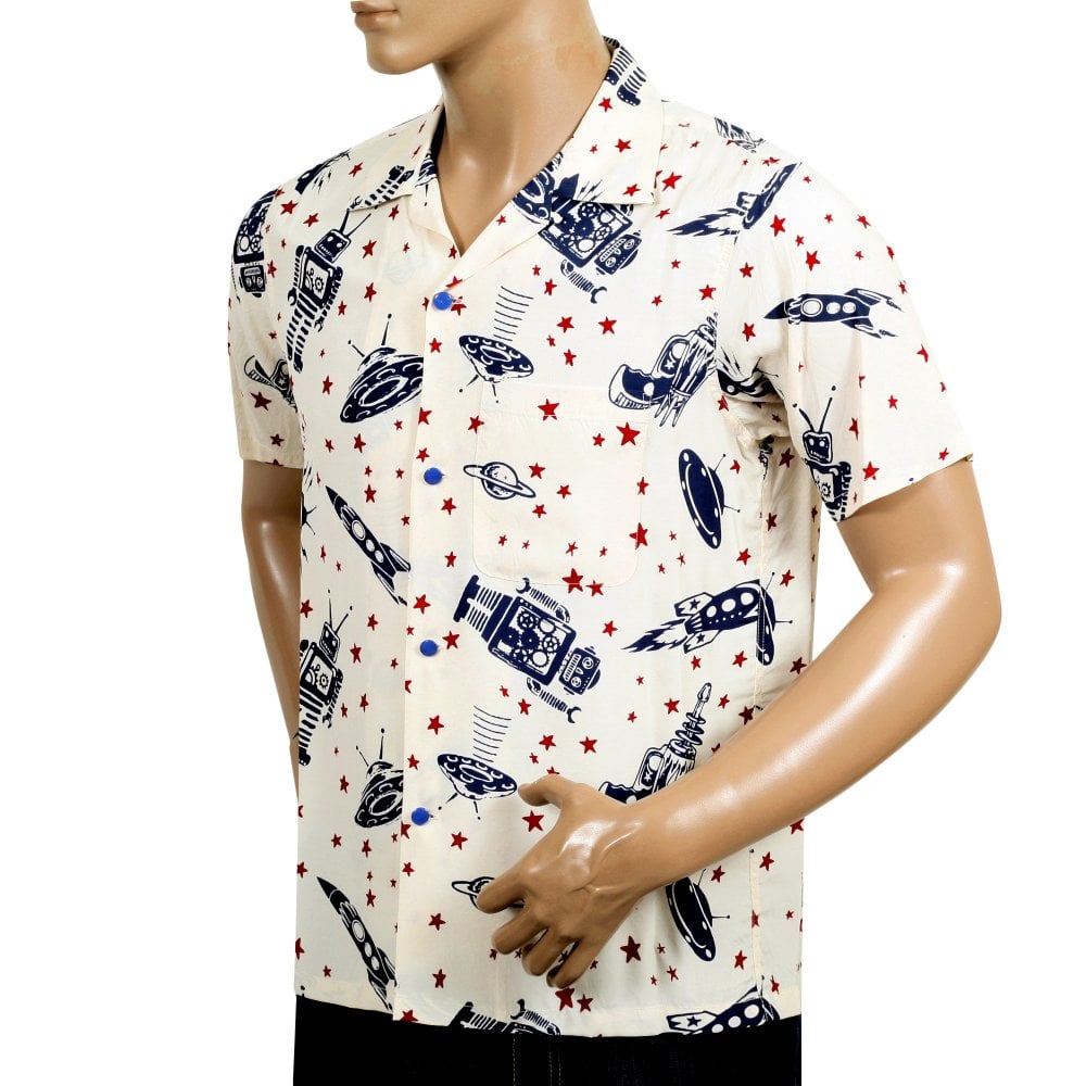 Vince Ray Space Rockets Off White Hawaiian Shirt SoH9043