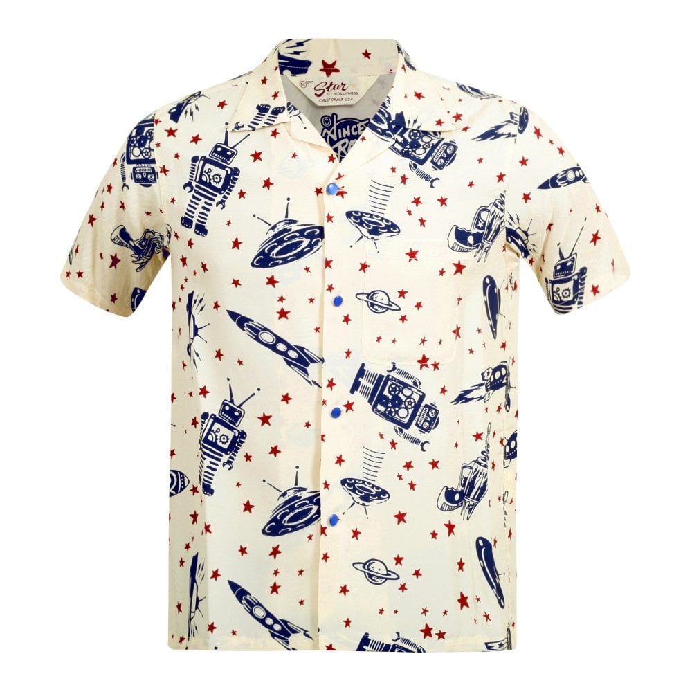 Vince Ray Space Rockets Off White Hawaiian Shirt SoH9043
