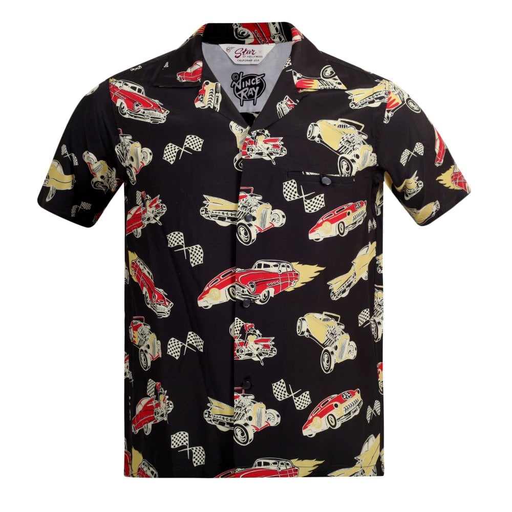 Star of Hollywood Mens Hot Rod by Vince Ray Black Hawaiian Shirt SoH9372