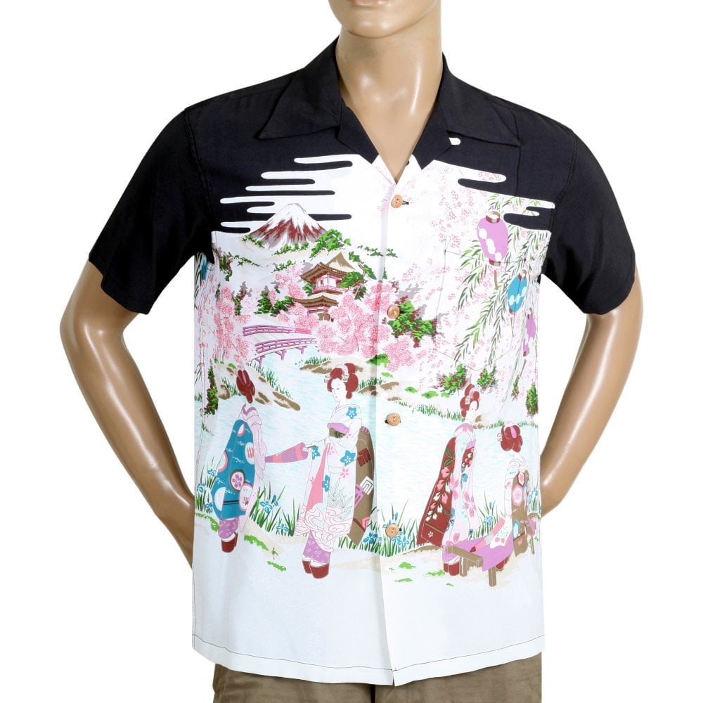 Sun Surf Old Japanese Scenary Black Hawaiian Shirt SURF10086