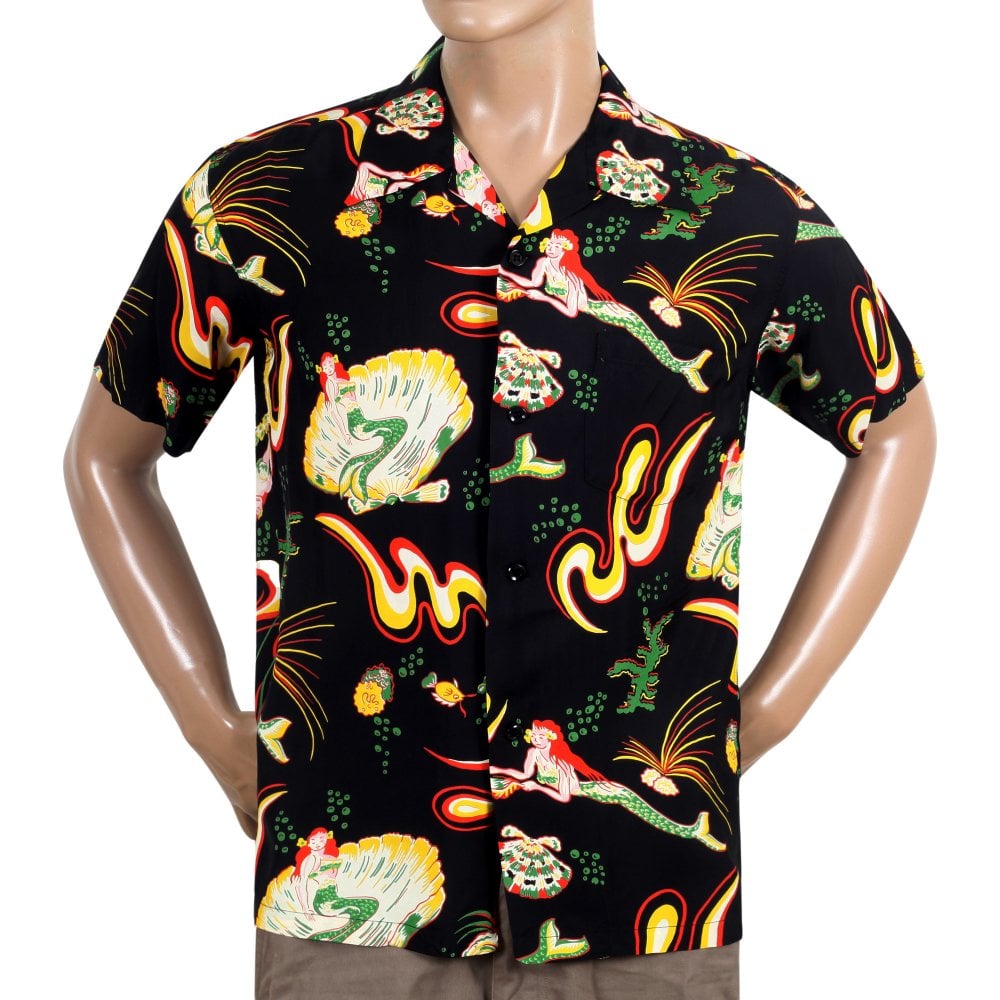 Sun Surf Mens Black Mermaids Hawaiian Shirt SURF10087
