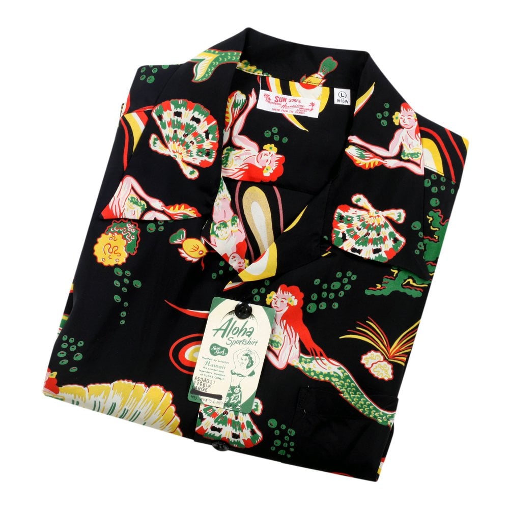 Sun Surf Mens Black Mermaids Hawaiian Shirt SURF10087