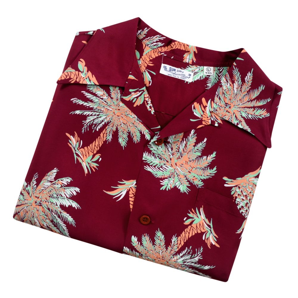 Sun Surf Mens Wine Studded Palm Tree Hawaiian Shirt SURF10262