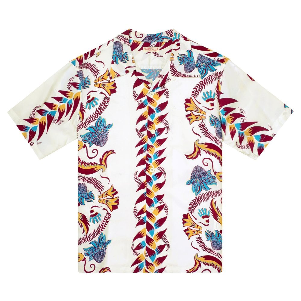 Sun Surf Shimmering Border Hawaiian Shirt in Off White SURF11092