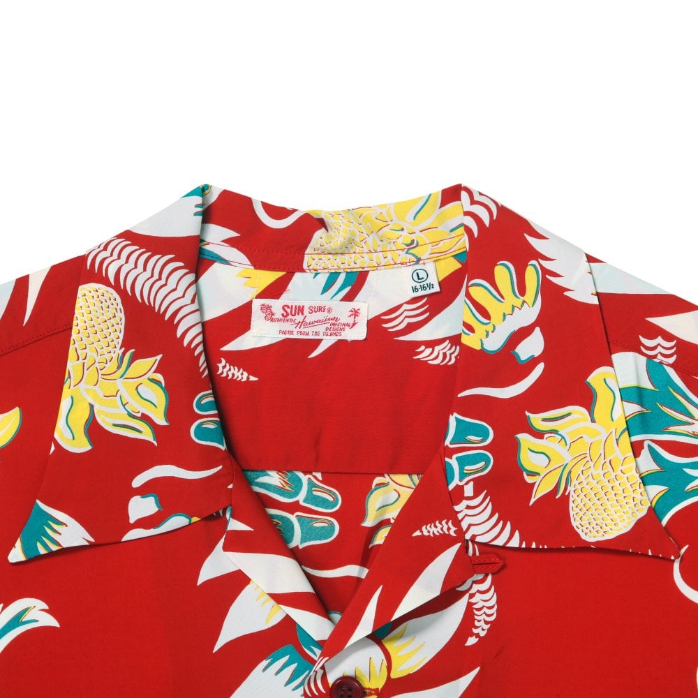 Sun Surf Shimmering Border Made in Japan Hawaiian Shirt in Wine SURF11093