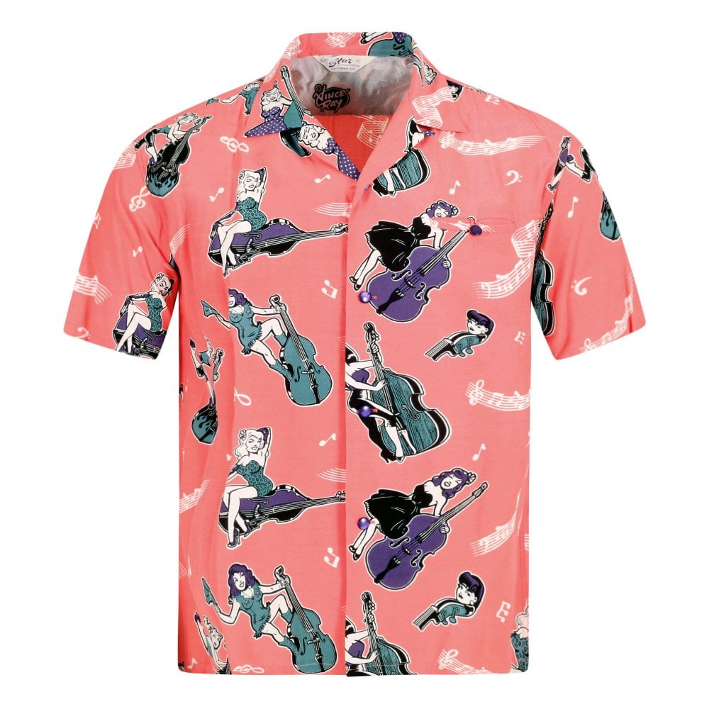 Star Of Hollywood Mens Red  Double Bass Pinups Star of Hollywood Hawaiian Shirt SoH10092