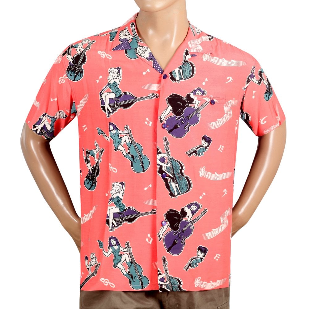 Star Of Hollywood Mens Red  Double Bass Pinups Star of Hollywood Hawaiian Shirt SoH10092