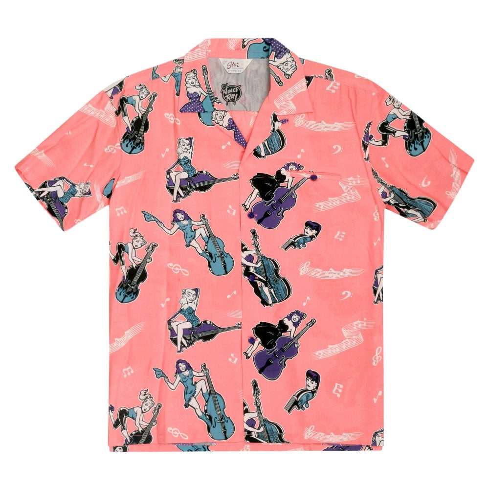 Star Of Hollywood Mens Red  Double Bass Pinups Star of Hollywood Hawaiian Shirt SoH10092