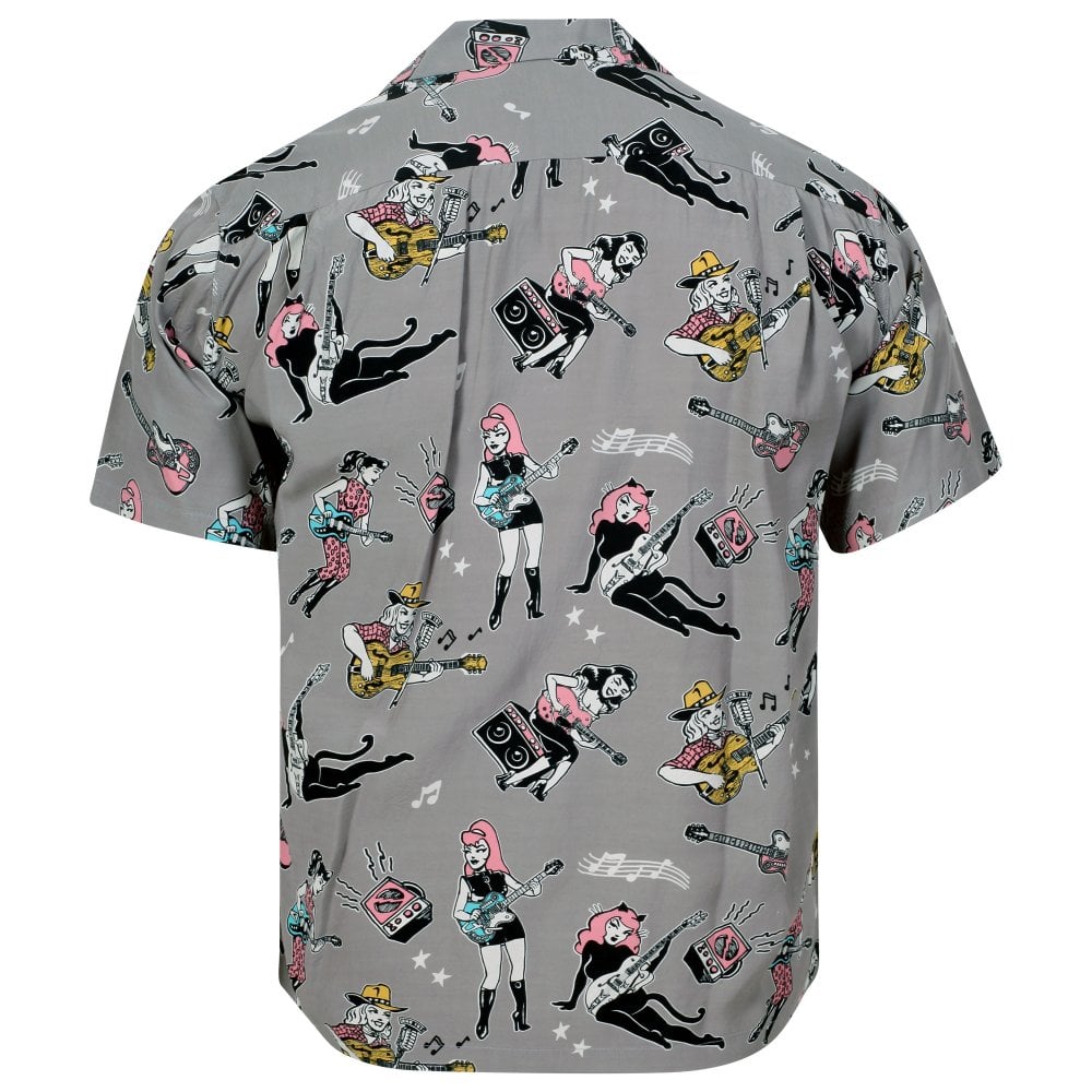Mens Star of Hollywood X Vince Ray Girls N Guitars Grey Hawaiian Shirt SoH11080
