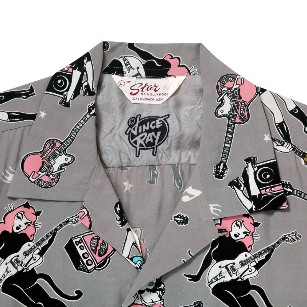Mens Star of Hollywood X Vince Ray Girls N Guitars Grey Hawaiian Shirt SoH11080