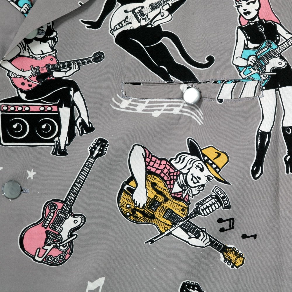 Mens Star of Hollywood X Vince Ray Girls N Guitars Grey Hawaiian Shirt SoH11080
