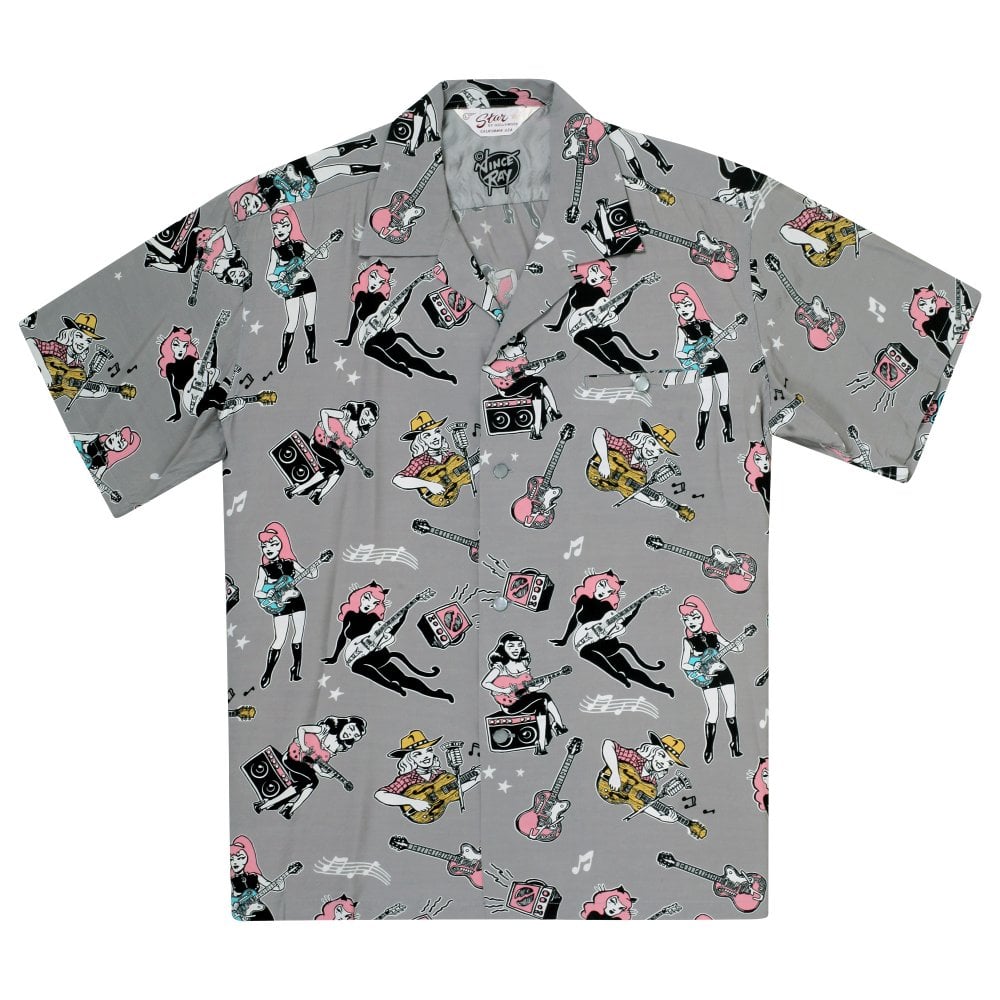 Mens Star of Hollywood X Vince Ray Girls N Guitars Grey Hawaiian Shirt SoH11080