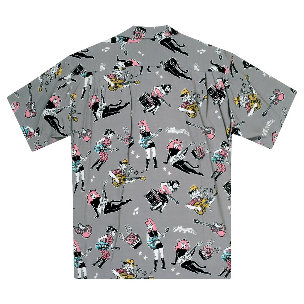 Mens Star of Hollywood X Vince Ray Girls N Guitars Grey Hawaiian Shirt SoH11080