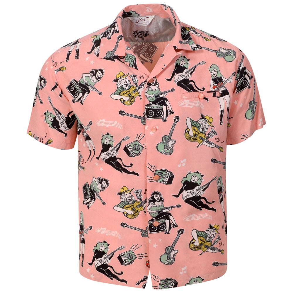 Sun Surf Mens Star of Hollywood X Vince Ray Girls N Guitars Pink Hawaiian Shirt SoH11081
