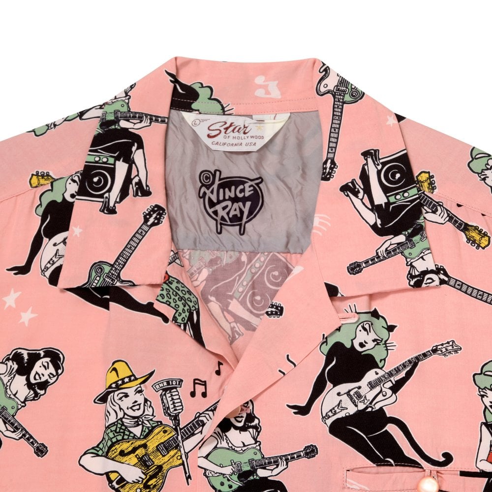 Sun Surf Mens Star of Hollywood X Vince Ray Girls N Guitars Pink Hawaiian Shirt SoH11081