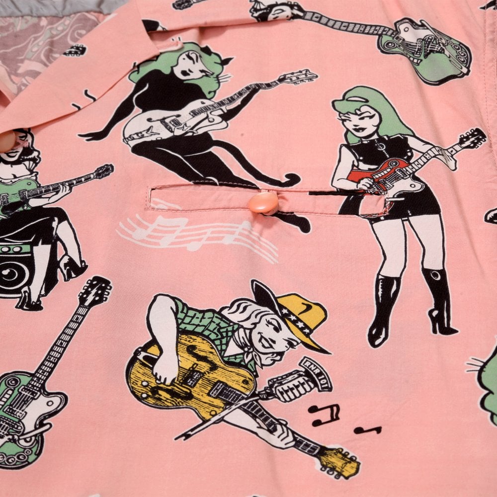 Sun Surf Mens Star of Hollywood X Vince Ray Girls N Guitars Pink Hawaiian Shirt SoH11081
