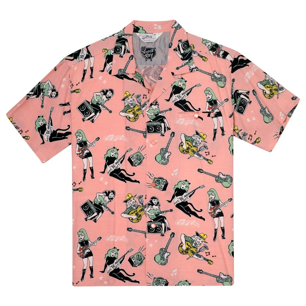 Sun Surf Mens Star of Hollywood X Vince Ray Girls N Guitars Pink Hawaiian Shirt SoH11081